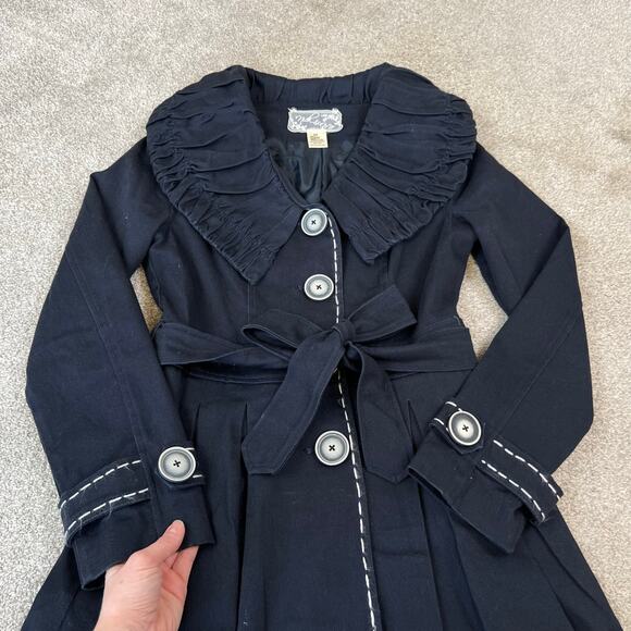 Nick and Mo Peter Pan Collared Button Front Navy Blue Tie Waist Long Jacket (M) - Picture 11 of 14